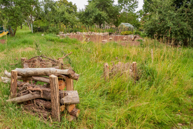 Garten Hofgut Leo, Biosphärenprojekt, Naturgarten, Totholzhecke, Staudenwiese, heimische Wildkräuter